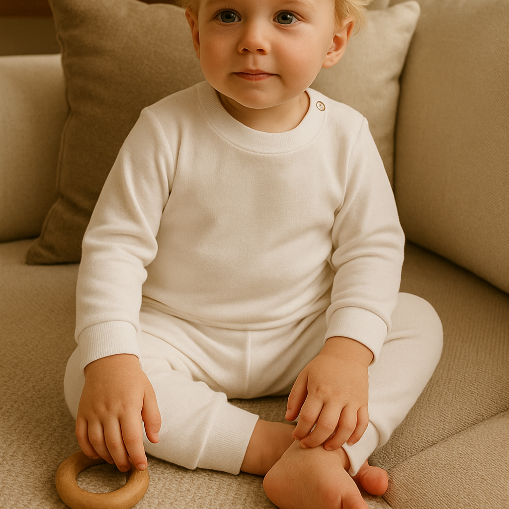 Bebê de 4 meses usando pijama branco canelado de duas peças em ambiente boho chic com luz natural e elementos como madeira e plantas.

