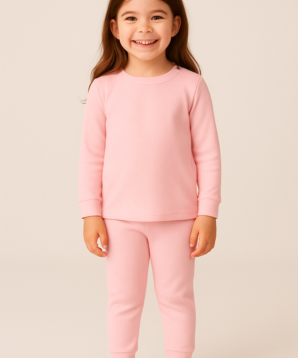 crianca de 4 anos usando pijama rosa canelado de duas peças em ambiente boho chic com luz natural e elementos como madeira e plantas.

