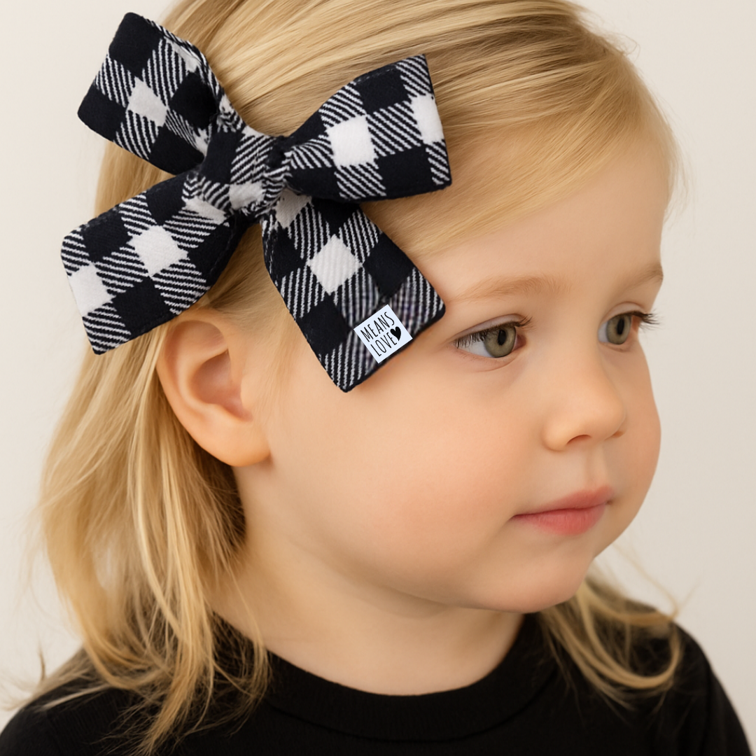 Presilha de Cabelo Infantil - Algodão Stretch Estampa Exclusiva | Plaid Clássico Branco e Preto