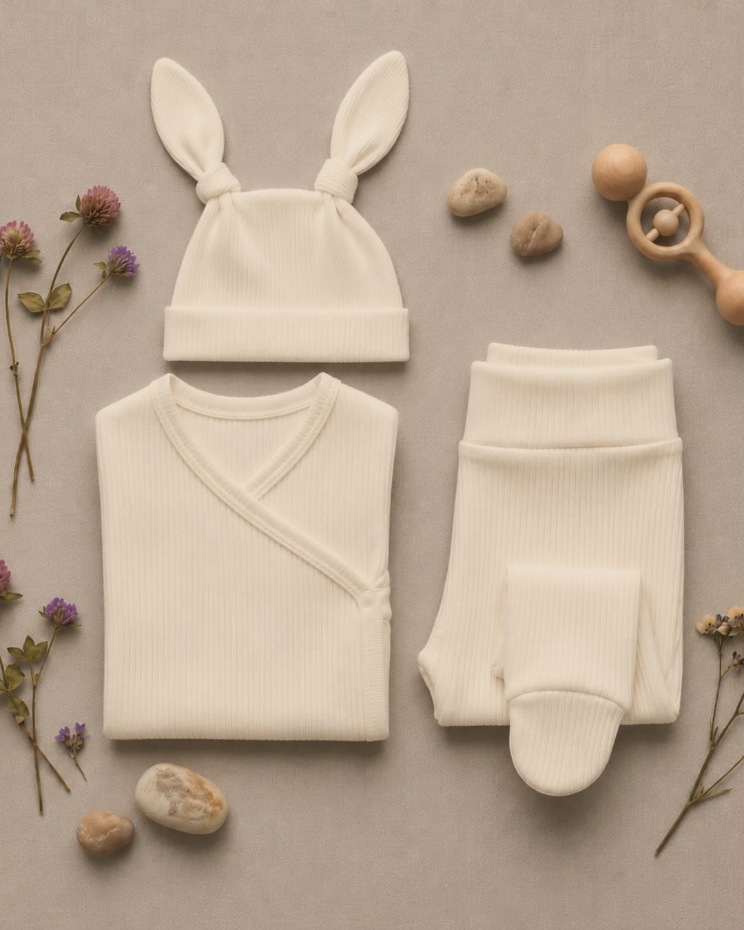 Kit Body Kimono + Calça com Pezinho – Recém-Nascido à 3 Meses | Algodão Canelado - Off White