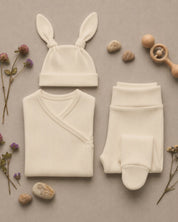 Kit Body Kimono + Calça com Pezinho – Recém-Nascido à 3 Meses | Algodão Canelado - Off White