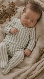 Kit Body Kimono + Calça com Pezinho Recém-Nascido a 3 Meses - Cotton Adapt | Listrado Retrô Sálvia