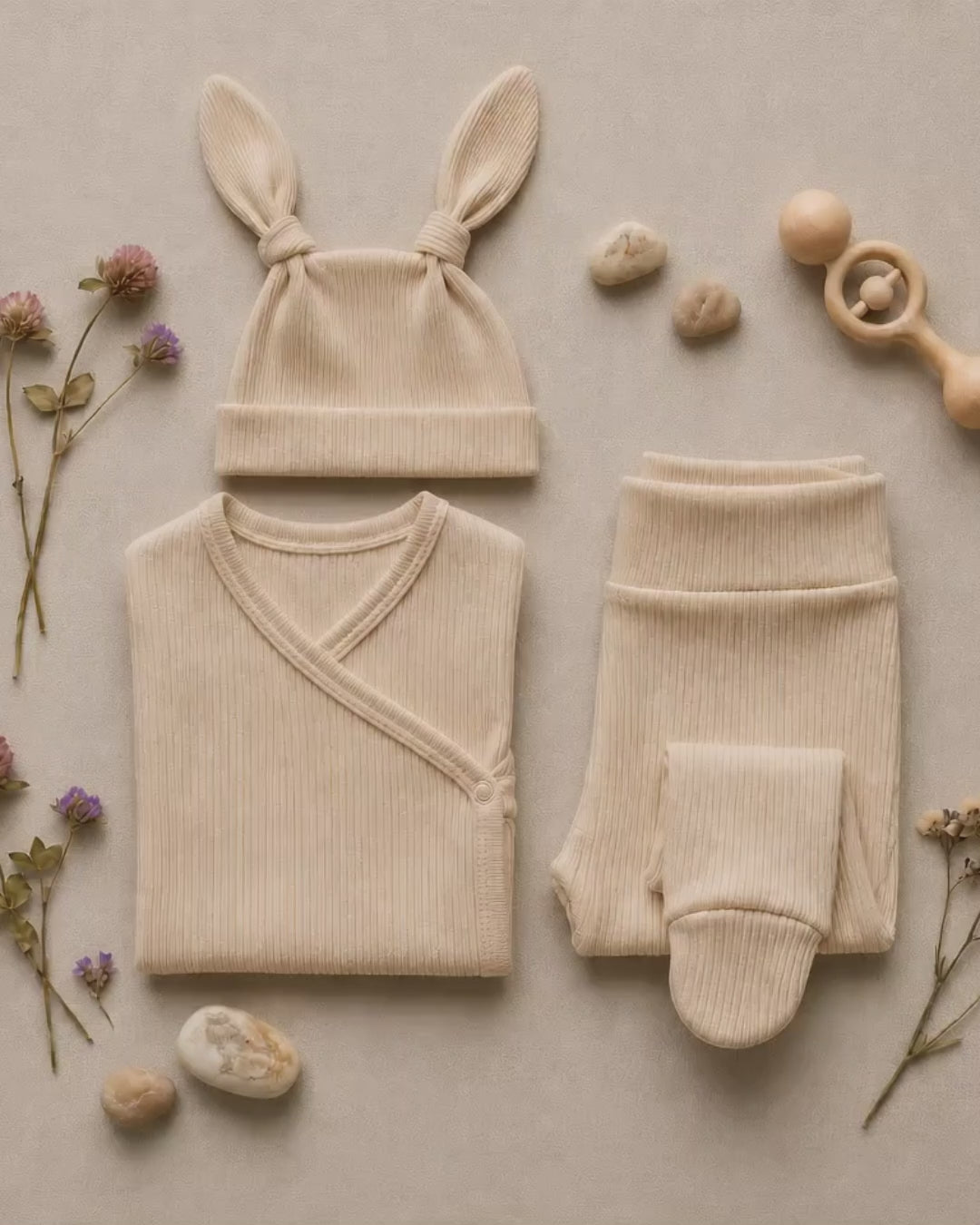 Kit Body Kimono + Calça com Pezinho – Recém-Nascido à 3 Meses | Algodão Canelado - Areia