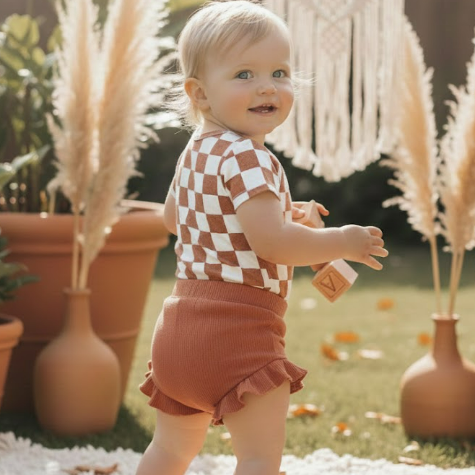 short-plissado-liso-algodao-terracota foto com crianca