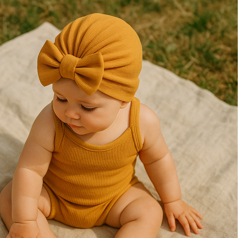 Turbante Com Lacinho Bebê Menina - Algodão Stretch Liso | Mostarda