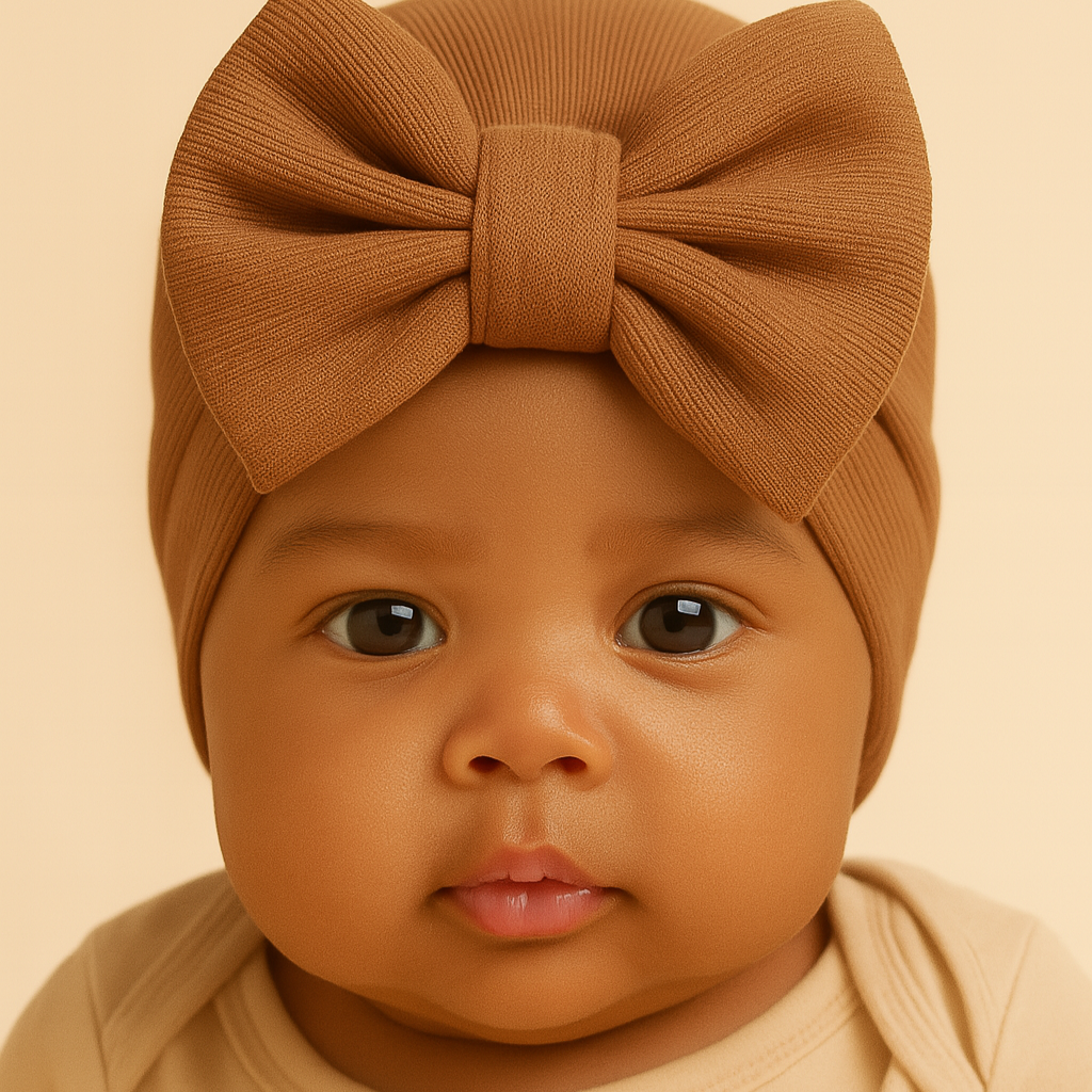 Turbante Com Lacinho Bebê Menina - Algodão Canelado Premium Liso | Marrom Claro