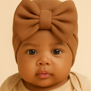 Turbante Com Lacinho Bebê Menina - Algodão Canelado Premium Liso | Marrom Claro