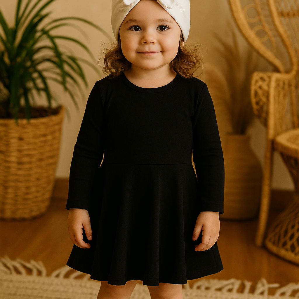 Vestido preto infantil de manga longa em algodão premium, com saia rodada, pendurado em cabide de madeira, fotografado para catálogo de moda bebê de luxo.
