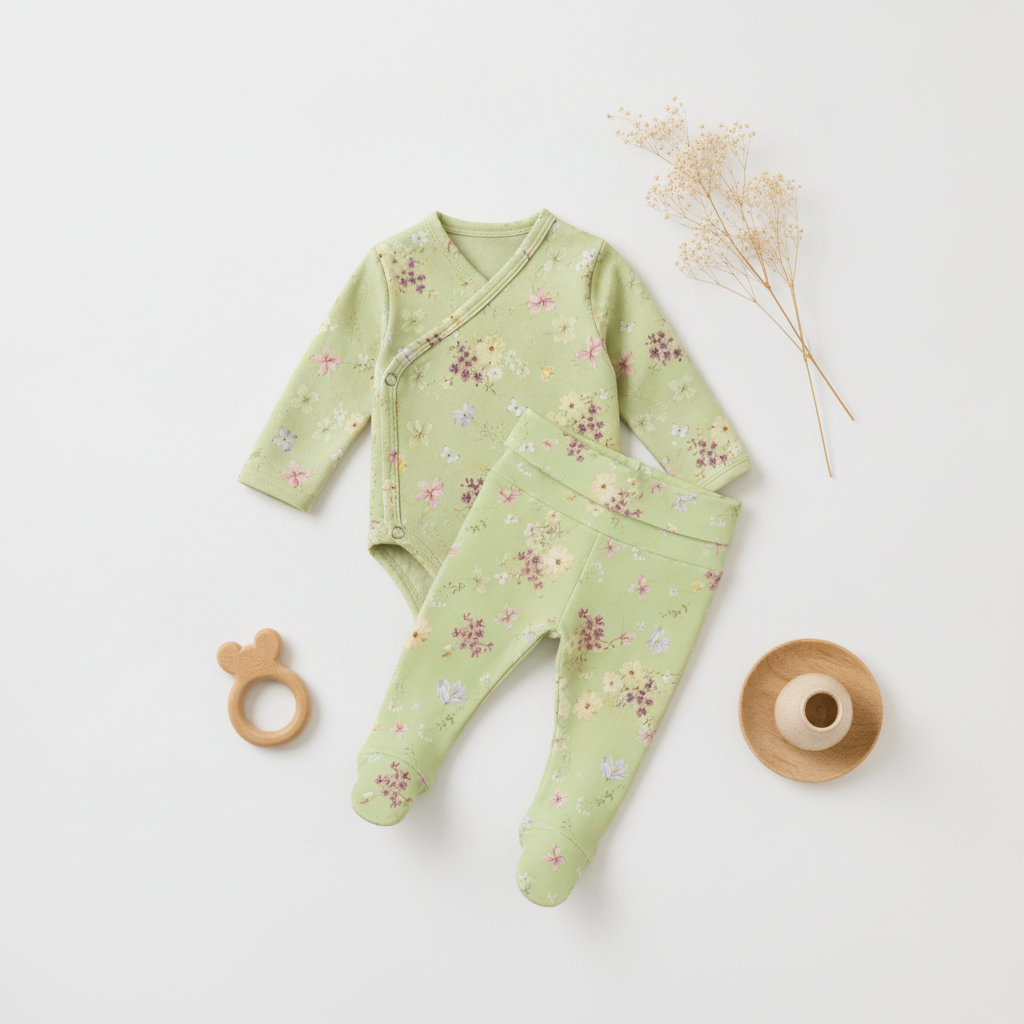 Conjunto Body Kimono + Calça com Pezinho – Recém-Nascido à 3 Meses | Jardim de Primavera