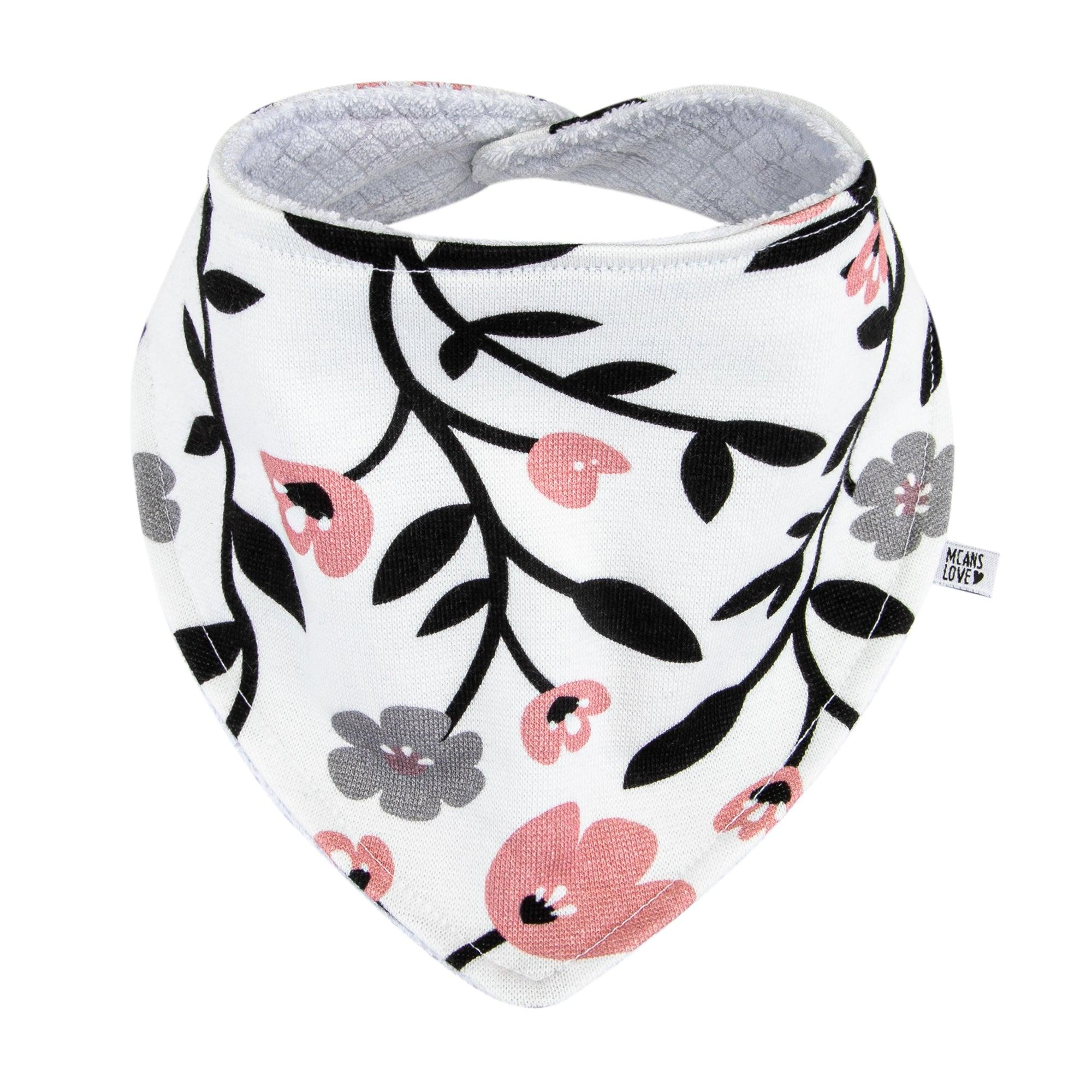 Bandana Babador Bebê Menina – Algodão Stretch Estampado Premium | Floral Vintage Tons de Preto